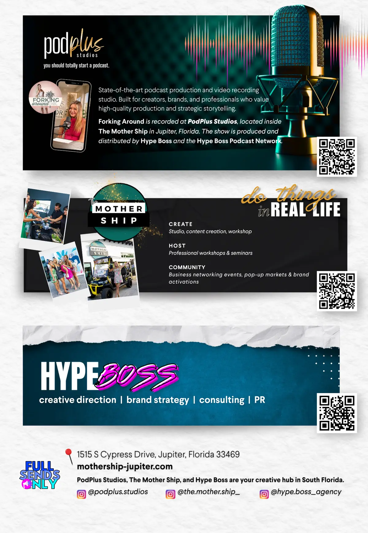 Half-page ad featuring PodPlus Studios, The Mother Ship, and Hype Boss