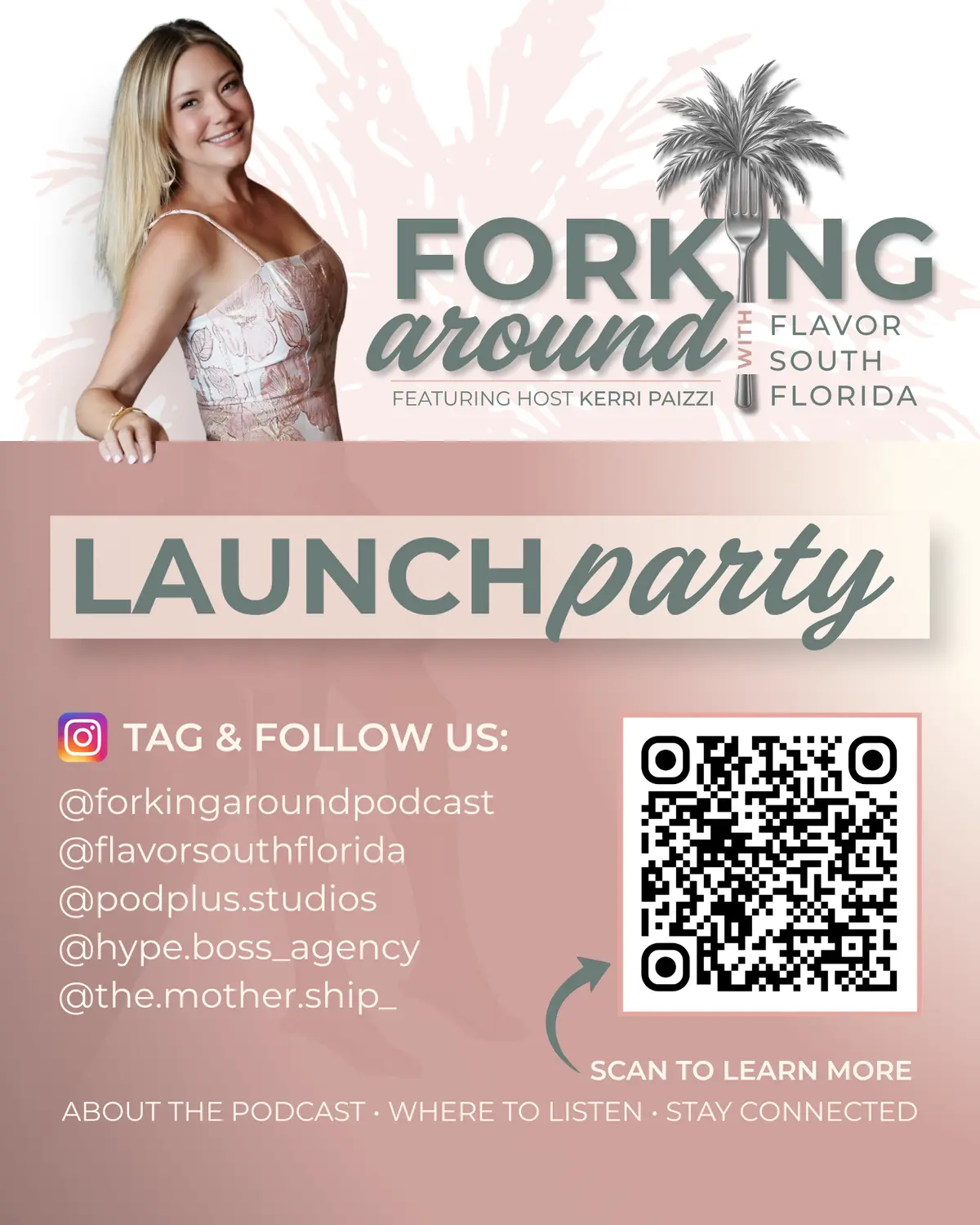 Launch party sign with Instagram handles to tag and a QR code